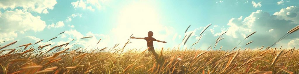 happy child feeling free in open wheat field with blue sky